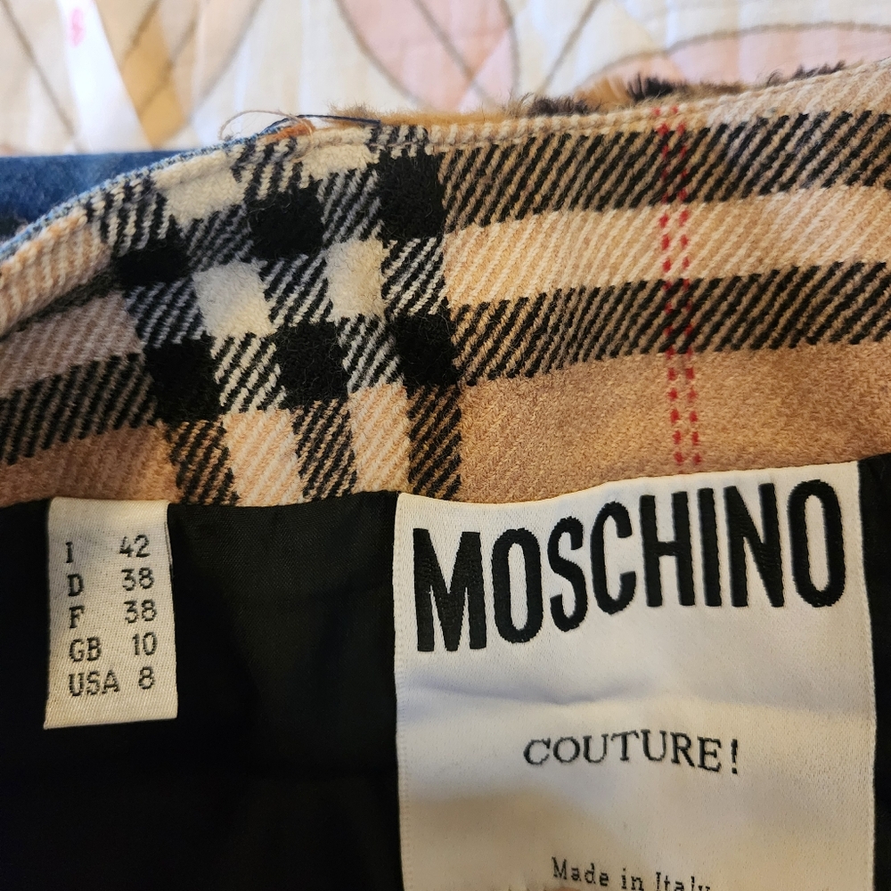 Moschino Couture! 1990s Vintage Patchwork Skirt Wool Faux Leather Denim Faux Fur - Picture 3 of 17